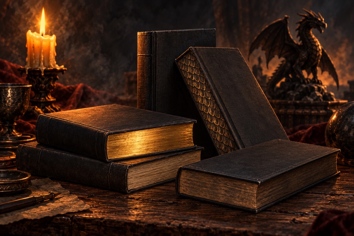 Dark hardcover books with gilded page edges on a candlelit table